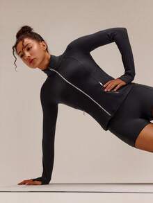 GLOWMODE FeatherFit™ Slim-It Streamline Performance Secure Pockets Zip Up Long Sleeve Jacket Low Impact Yoga Pilates Daily Spring Summer - Black - View 6