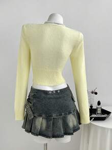 Elamini Pale Yellow Sweet Lace Mohair Lightweight Cardigan Brunch Date Autumn Cottagecore Romantic - Yellow - View 2
