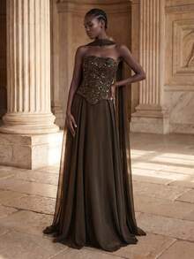 Coutiva Váy dài tay đính sequin thanh lịch, váy dạ hội cao cấp cho tiệc tối - Màu Khaki - Xem 4