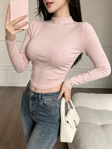 Modelyn Women's Pink Semi-High Neck Long Sleeve Slim Fit T-Shirt, Comfortable Inner Layer For Spring And Autumn, Suitable For Outings Going Out Sexy - Green - View 4