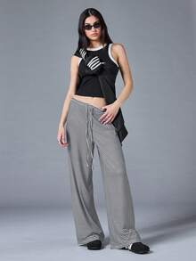 SHEIN BASICS 女款休閒針織條紋寬鬆寬腿長褲，女款運動休閒褲居家褲，黑白格紋，秋季休閒款 - 黑色 - 查看 6
