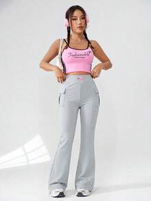 SHEIN EZwear 女士灰色休闲针织喇叭裤 女士休闲裤 女士正装裤 女士长裤 女士毛衣裤 女士阔腿裤 高腰 - 灰色 - 查看 6