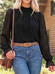 Coeurva Frilled Neck Flounce Sleeve Blouse,Long Sleeve Tops Winter Elegant Black Black Spring - Black - View 10