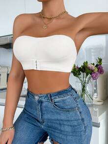 SHEIN 女款純色鈕扣式聚攏罩杯休閒日常無肩帶內衣 - 白色 - 查看 3