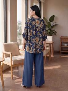 Auveirra 2件組大尺碼女款海軍藍花卉印花長袖襯衫與長褲，夏季休閒鄉村風度假穿著，優雅 - 藏蓝色 - 查看 2