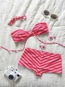 SHEIN Swim 夏季女款度假穿搭 母親節紅色條紋性感比基尼 2 件套 海灘派對度假裝 - 紅色 - 查看 3