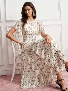 BELROSIE Elegant Women's Summer Wedding Garden Party Tea Party Dress, White And Black Polka Dot Contrast Color, Asymmetrical Hand-Painted Chiffon Cinched Waist - Apricot - View 4