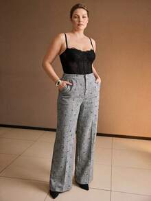 MOTF PREMIUM PLUS SIZE WOMEN'S AUTUMN/WINTER TWEED RHINESTONE DECORATED LOOSE WIDE LEG LONG PANTS - Grey - View 4