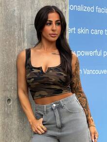 SAYEHFBABY Women's Summer Concert Rave Festival Going Out Renaissance Fair Clubs Sexy Y2K Rib Knit Forest Camo Notched Collar Truncated Tank Top Casual - Army Green - View 4