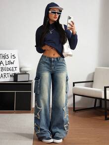 SHEIN Tall 休閒做舊星星圖案牛仔褲，日常穿著，秋季，高個女性 - 藍色 - 查看 6