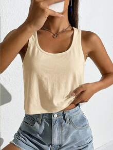 SHEIN EZwear 女款休閒杏色寬鬆深U領短版背心，適合夏季 - 杏色 - 查看 9
