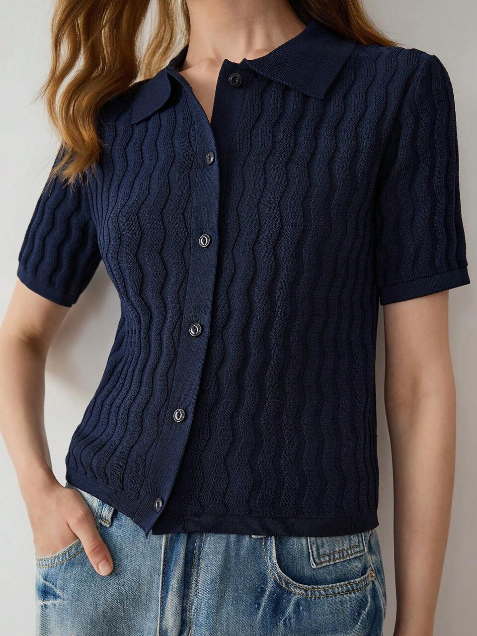 Summer Autumn Women's Navy Blue Short Sleeve Button-Up Collared Wavy Texture Slim Fit Cropped Knit Casual Top