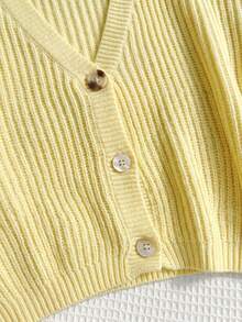 Dripcurv Plus Size Women's Casual Vacation & Commute Solid Color V-Neck Dropped Shoulder Loose Lantern Sleeve Button Front Cardigan, Autumn/Winter - Pale Yellow - View 6