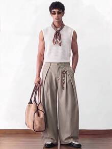 SWAVVY Men's Striped Pleated Wide Leg Loose Fit Long Pants With Pockets - Apricot - View 4