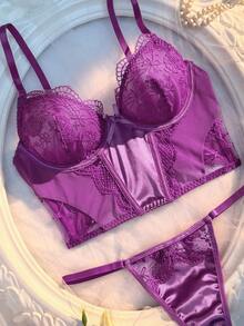 Crystal Vow 2pcs Embroidered Patchwork Satin + Mesh Underwire Bra & Panty Set - Purple - View 5