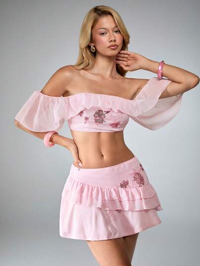 Sweetness Frühling Sommer Herbst Französischer süßer Traum Garten Urlaub Pailletten Chiffon Off-Shoulder Crop Top und tief sitzender Mini Rüschenrock Damen 2-teiliges Set
