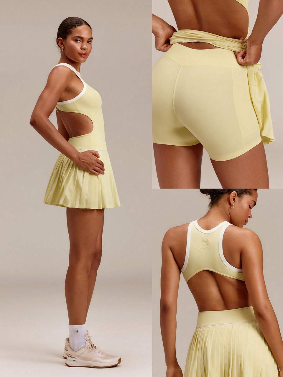 Soft Swing Built-In Shorts Side Pockets Contrasting Trim Crewneck Ultra-Low Rise Pleated Racerback Tennis Dress Golf Pickleball Daily Casual Wear