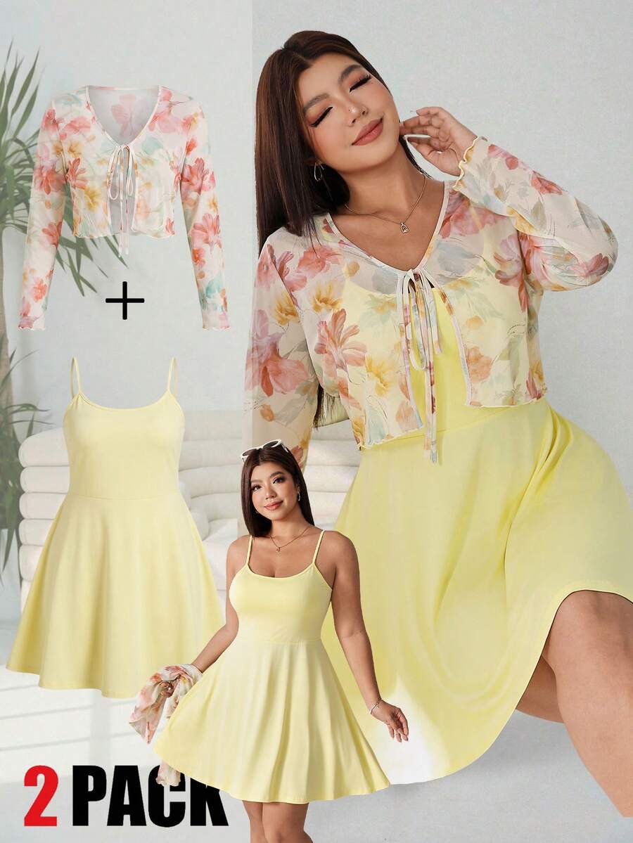 Solflare Conjunto de 2 piezas para mujer talla grande, vestido camisola de color liso y cárdigan con estampado floral, estilo casual, elegante, lindo y de hada, para uso diario y vacaciones, blanco y amarillo mantequilla, otoño - Multicolor - Ver 1