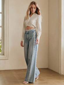 Anewsta Jeans rectos de pierna casual con parches de encaje azul lavado - Azul - Ver 6