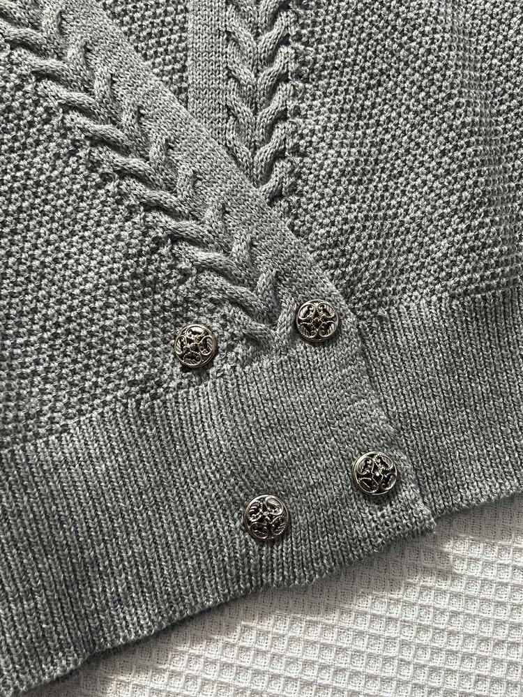 Elamini Twisted Rope Embroidered Vintage Double-Breasted V-Neck Knit Vest - Grey - View 4