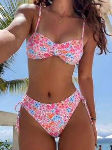 Swim Lushoire 女款時尚花卉印花兩件式比基尼沙灘套裝，適合春夏度假 - 彩色 - 查看 4