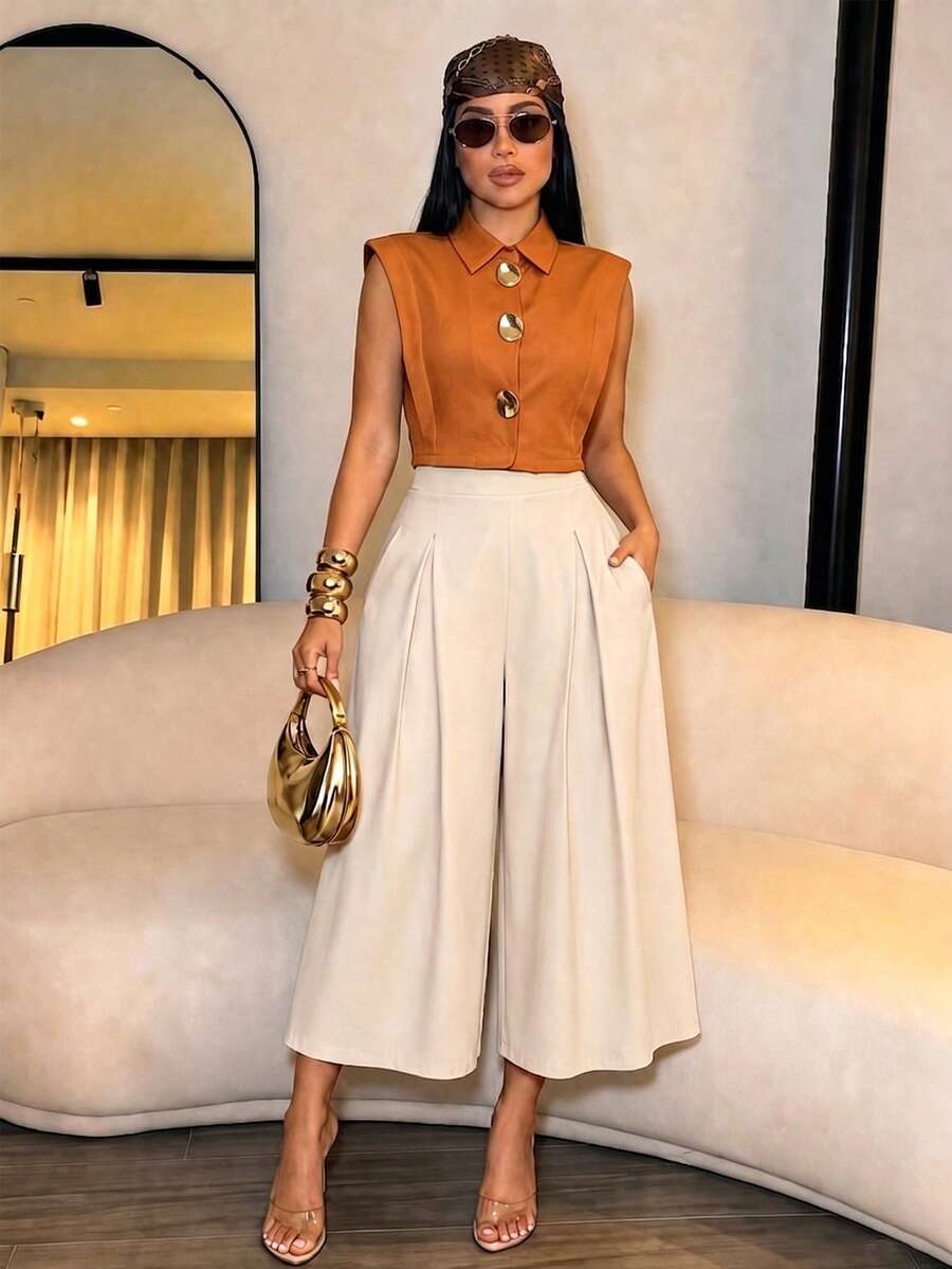 SOLERSUN 女款純黑色無袖領口襯衫 | 時尚大尺寸金色鈕扣襯衫,2026春季休閒上衣 - 鏽棕色 - 查看 1