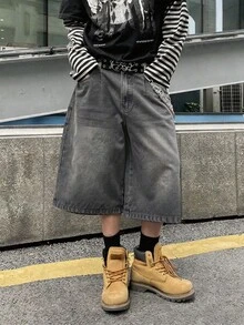 STEELVANCE 男士休閒水洗寬腿牛仔短褲 - 灰色 - 查看 3