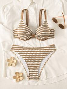 Swim Lushoire Summer New Women's Swimwear Underwire Push-Up Gathered Double Shoulder Straps Spaghetti Strap Adjustable Back Triangle Bikini 2pcs Set - Multicolor - View 3