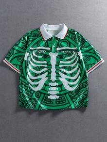 ROMWE MEN Prep Men's Skeleton Pattern Short Sleeve Sports Polo Shirt - Green - View 1