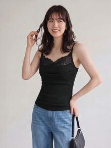 Yumoku 褶饰蕾丝拼接二合一吊带背心，休闲度假优雅户外穿搭背心，女士黑色蕾丝吊带背心，可爱黑色上衣，黑色紧身胸衣上衣，黑色 Y2k 上衣 - 黑色 - 查看 3