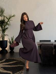 Firerie Vestido de talla grande elegante tradicional casual formal para ir al trabajo de unicolor con mangas acampanadas para el Día del Maestro, boda, cumpleaños, invitada de boda, color púrpura oscuro, otoño - Café integral - Ver 2