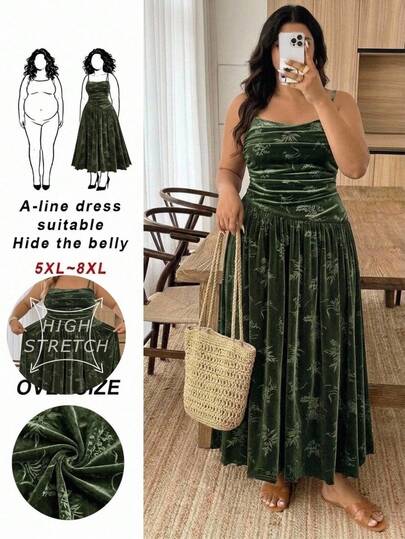 SHEIN CURVE+ 大尺碼女款優雅蕾絲飾邊洋裝，大尺碼女款洋裝，派對洋裝，正式洋裝，優雅女款洋裝，新年女款洋裝，正式女款洋裝，假日洋裝，套裝，跨年洋裝，軍綠色，天鵝絨洋裝，橄欖綠洋裝，女巫洋裝，哥德風夏季洋裝，綠色陽光洋裝