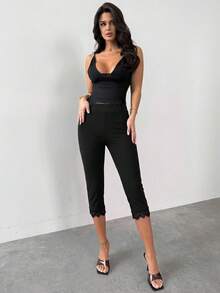 Firerie Women's Elegant Casual Sexy Spring Summer All Season Solid Black High Waist Leggings, Knitted Waist-Cinching Slim Fit Fashionable Versatile Night - Black - View 8