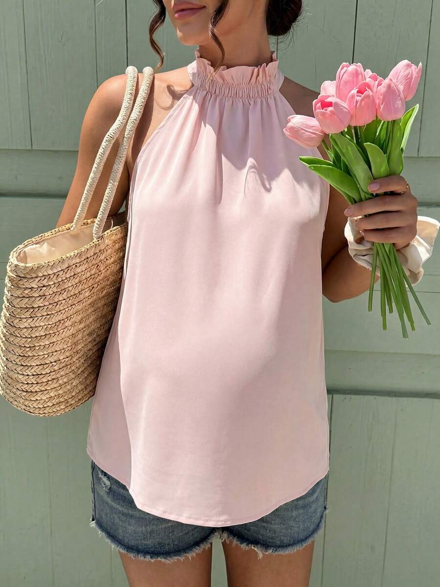 SHEIN Maternity Sweet Fashionable Elegant Elastic Neckline Ruched Tank Top Baby Shower Summer Pink And Blue Wedding Gender Reveal Guest Delivery - Pink - View 1