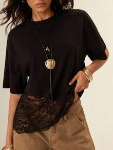Easelle Vintage Streetstyle Streetwear Casual Bohemian Round Neck Lace Patchwork Loose Fit Women's T-Shirt Everyday Night Black Summer Out - Black - View 2