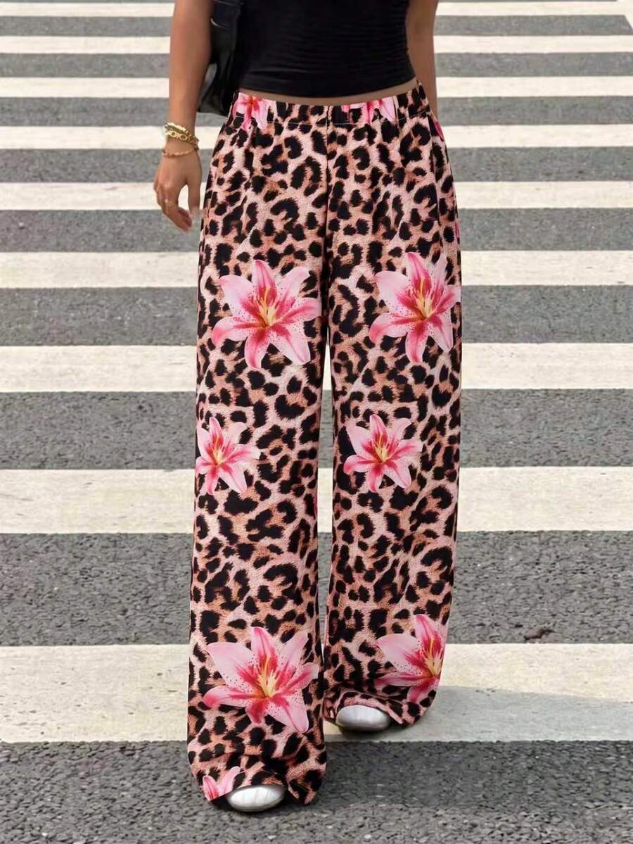 SHEIN 少女長袖抓絨冬季高腰單件豹紋花卉滿版印花街頭風直筒舞褲 黑粉色 - 彩色 - 查看 1