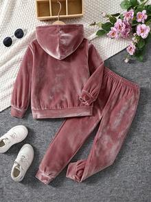 SHEIN Elladie kids 女童休閒運動舒適長袖連帽兩件套，秋季 - 藕粉色 - 查看 2