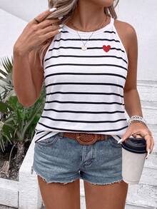 EMERY ROSE Retro Striped With Red Heart Accent Casual Basic Round Neck Sleeveless Tank Top, Plus Size - Multicolor - View 5