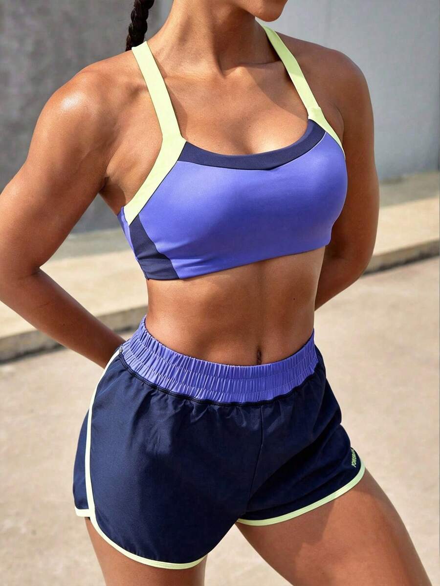 Powerista Women's Contrast Color Camisole And Elastic Waist Shorts Sports Suit Workout Women Sets