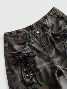 ROMWE MEN Jeans de mezclilla de camuflaje holgados para hombre con cordón - Verde militar - Ver 2