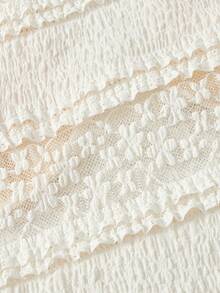 Skyraze Women's Contrast Lace V-Neck Short Petal Sleeve T-Shirt Vacation Cream White Summer Fairycore - Apricot - View 4