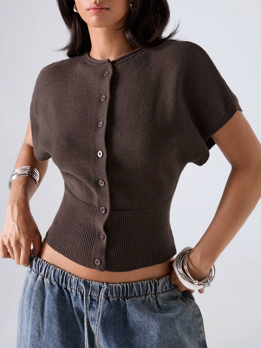 LYSMO Women's Solid Color Batwing Short Sleeve Single-Breasted Knit Cardigan - Coffee Brown - View 1
