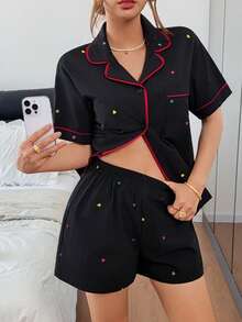 DAZY 夏季休閒對比滾邊愛心圖案滿版印花寬鬆女款睡衣套裝 - 黑色 - 查看 8