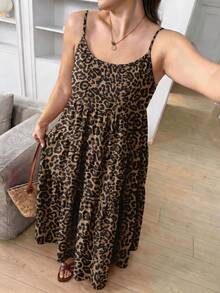 Comfylo Plus Size Women's Leopard Print Spaghetti Strap Dress With Ruffle Hem - Multicolor - View 3