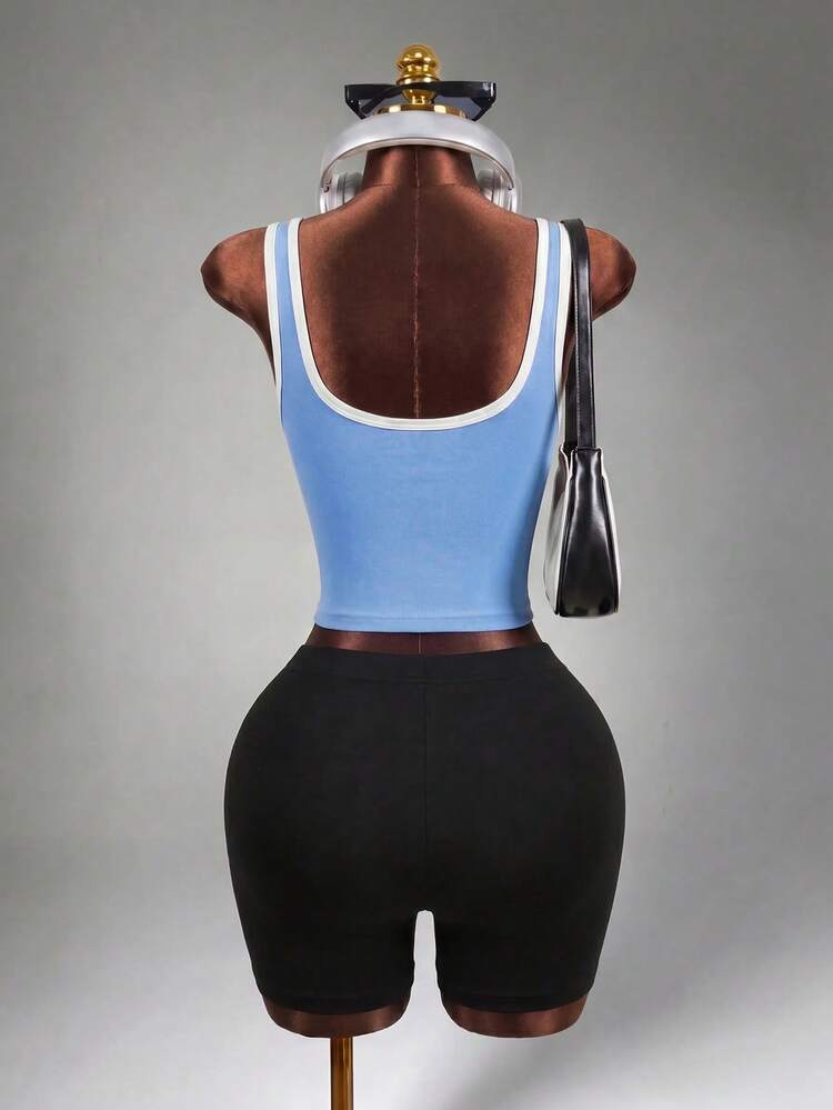 Mistrie Women Bound Hem Cropped Workout Tank Top, For Daily Fitness Sports - Baby Blue - View 2
