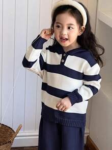 SHEIN Little Byeori 女童拼色連帽長袖針織上衣與長褲套裝，秋季款 - 藏蓝色 - 查看 5