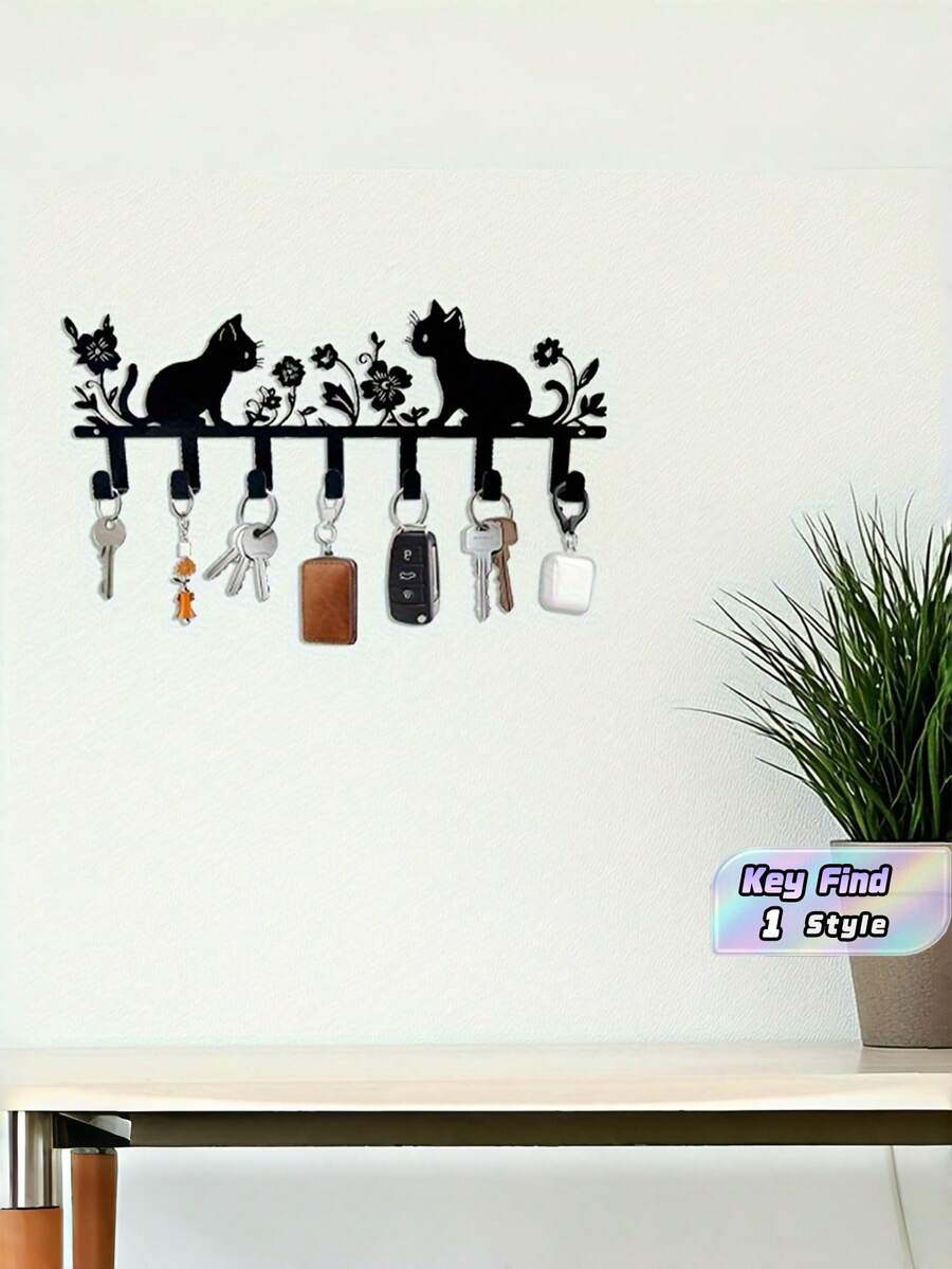1 buah Gantungan Kunci Motif Kucing Lucu, Gantungan Dinding, Logam, Cat Mengkilap, Rak Kunci Dekoratif, Anti Karat, Kokoh, Hemat Ruang, Organizer untuk Ruang Tamu, Kamar Mandi, Ruang Ganti, Lorong, Hadiah untuk Pecinta Hewan Peliharaan, Teman, Keluarga - Hitam - View 1