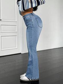 SHEIN PETITE Women's Casual Medium Wash Denim Flare Leg Jeans Long With Zipper Detail ,Petite Women - Medium Wash - View 4