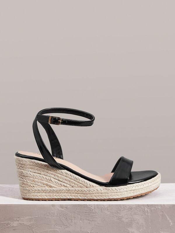 Styleloop Straw Wedge Heel With Sandals, Buckle Ankle Strap Design Casual Vacation Style Platform Women's Shoes Daily Wear Height-Increasing Shoes