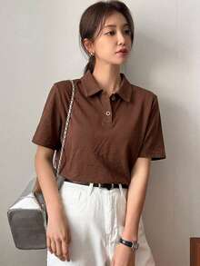 Dazy-Less Women's Loose Casual Polo Collar Short Sleeve Button-Up Coffee Brown Solid Color 100% Cotton T-Shirt - Coffee Brown - View 4